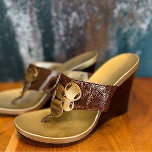 Calvin Klein Mid-2010s Archival Gold Medallion 4" Wedge Sandals (GUC)